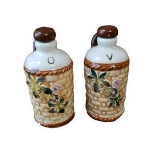Vintage Oil & Vinegar Bottle Ceramic Basketweave Hand Painted Floral Cruets